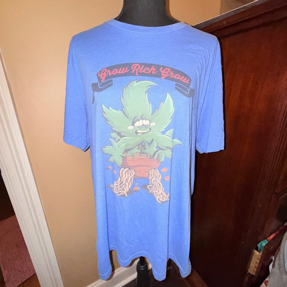 Bella Canvas Grow Rich Grow T-Shirt Mens XL Blue Good Graphic Pot‎ Leaf Humor